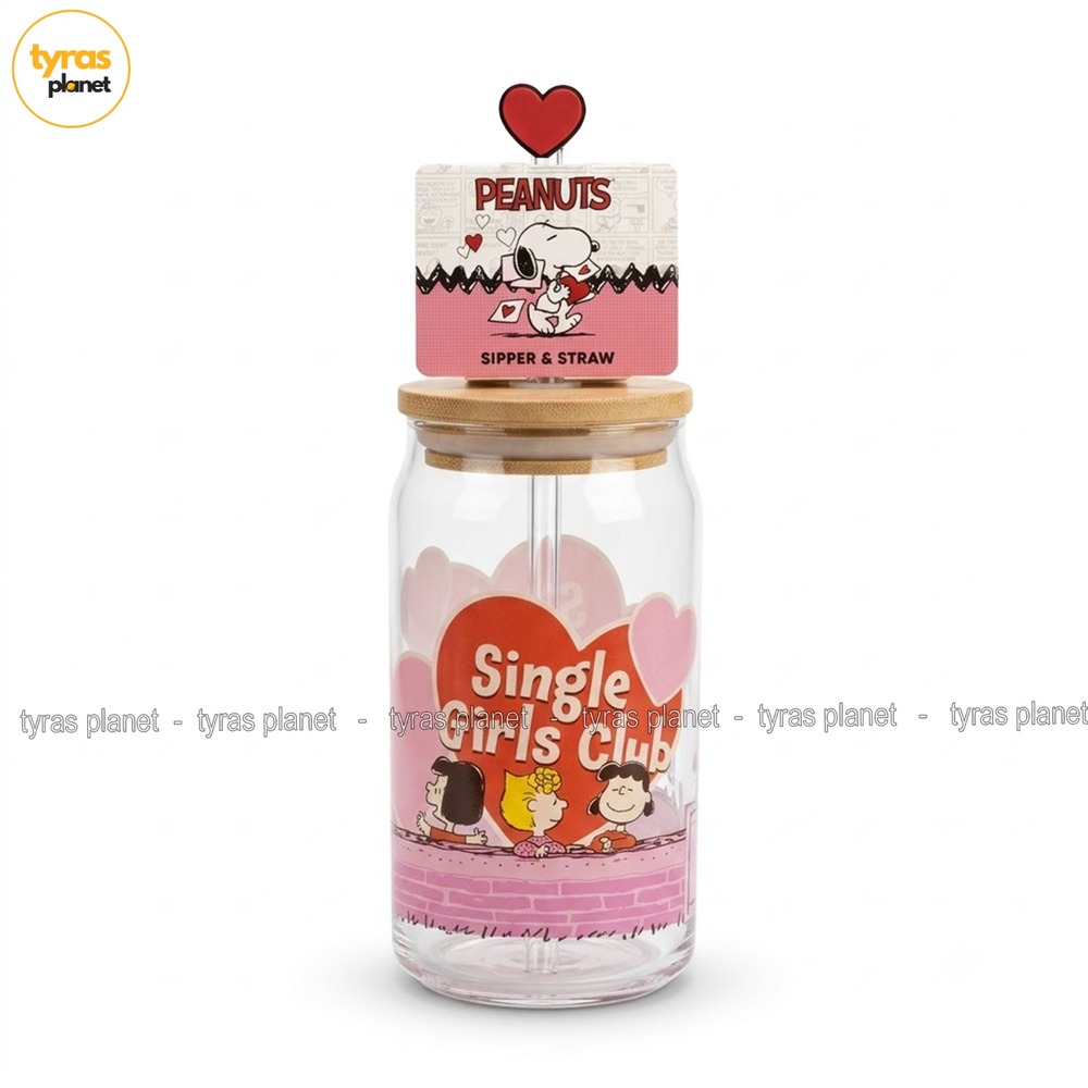 Zrike Brands Peanuts Single Girls Club Glass Tumbler Bamboo Lid Straw Heart